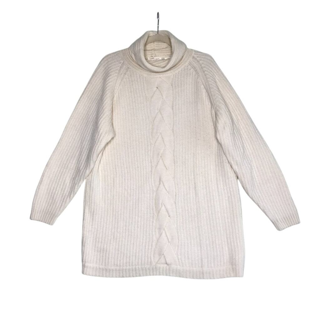 APART Turtleneck Lambwool Blend Rib Knit Sweater Tunic Sz M Cream Holiday Cozy